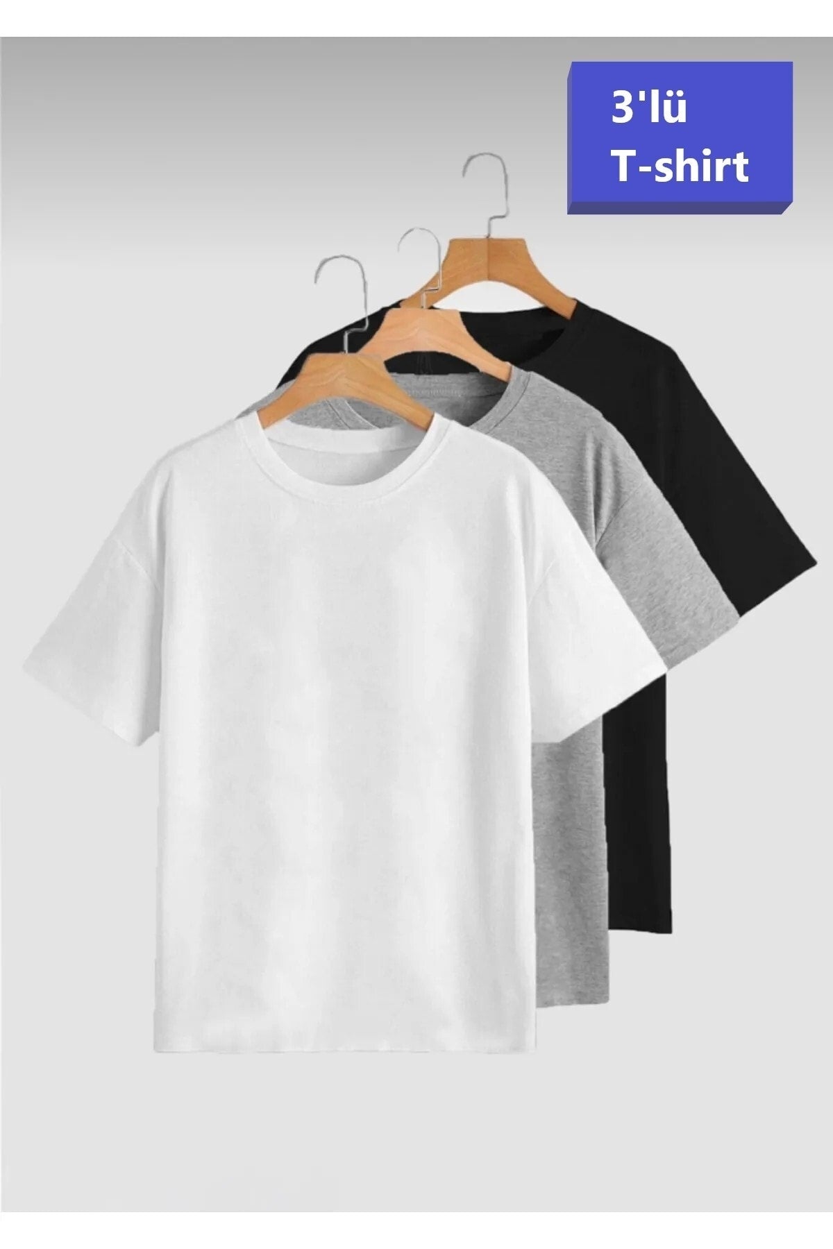 Unisex Beyaz-gri-siyah (bol Kalıp) Oversize 3'lü T-shirt Paketi