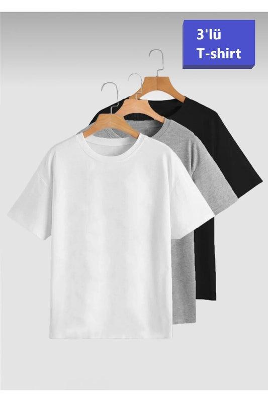 Unisex Beyaz-gri-siyah (bol Kalıp) Oversize 3'lü T-shirt Paketi