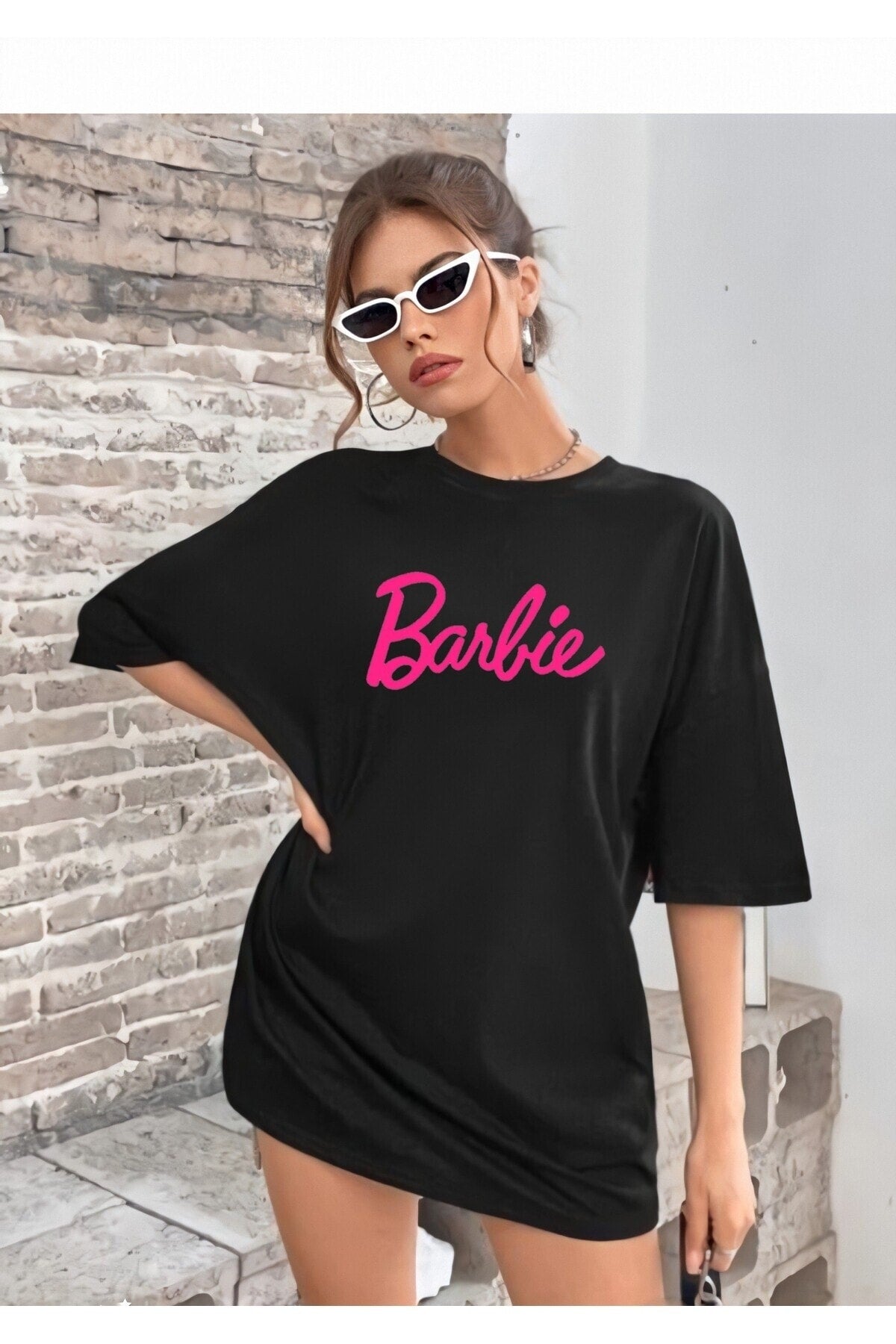 Siyah Kadın Oversize Bisiklet Yaka Barbie Baskılı Pamuklu T-Shirt