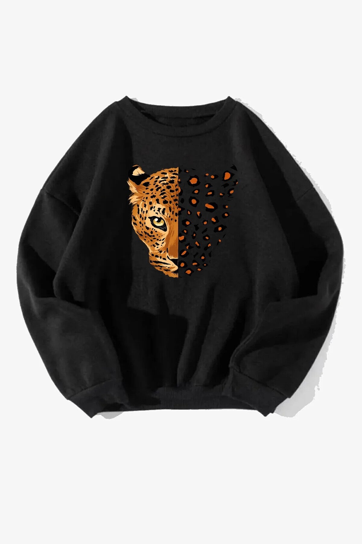 Unisex Yarım Yüz Leopar Baskılı Bisiklet Yaka Siyah Sweatshirt