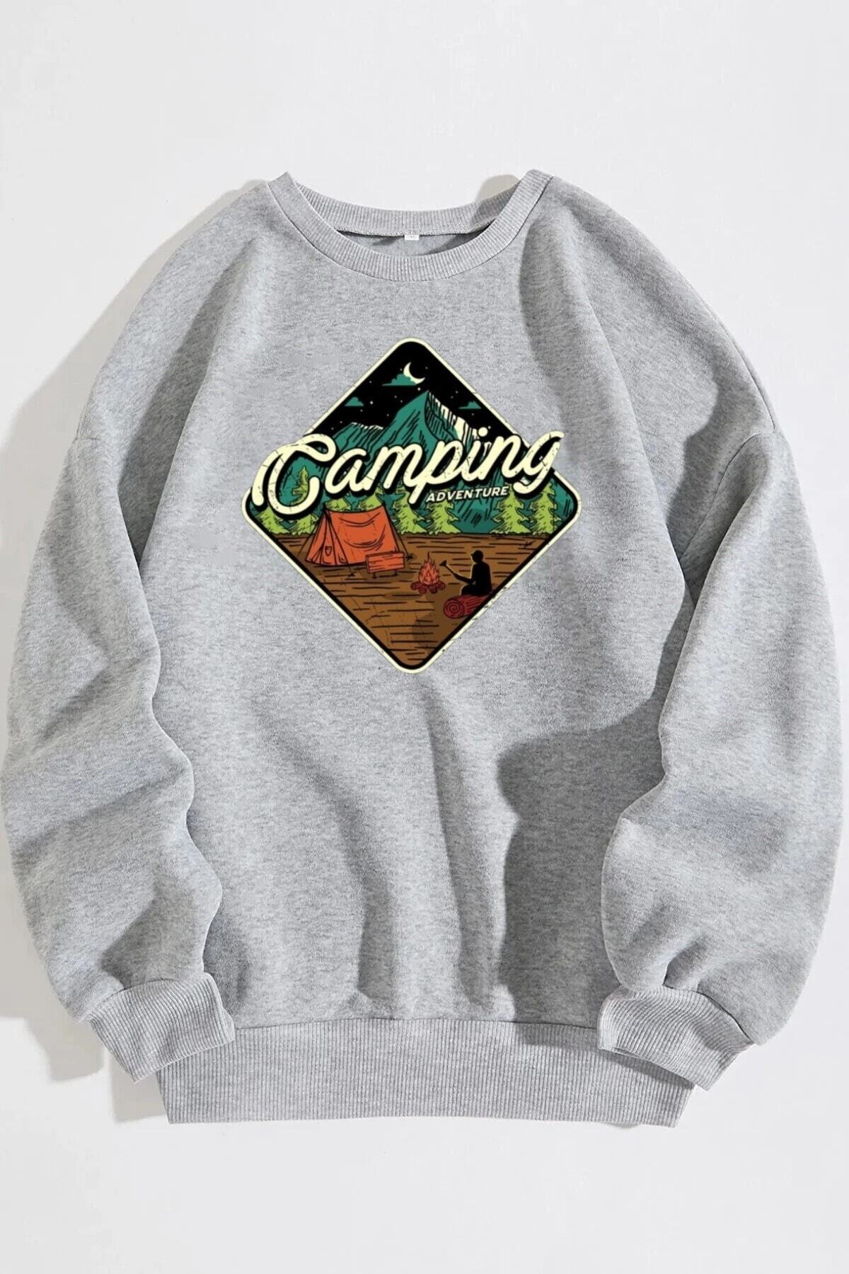 Unisex Camping Baskılı Oversize Sweatshirt