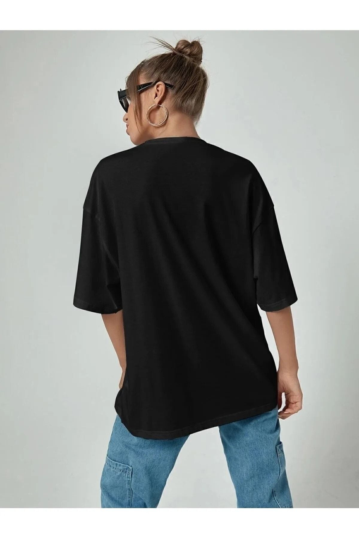 Blue Butterfly Baskılı Oversize Pamuk Penye Kumaş Siyah Tshirt