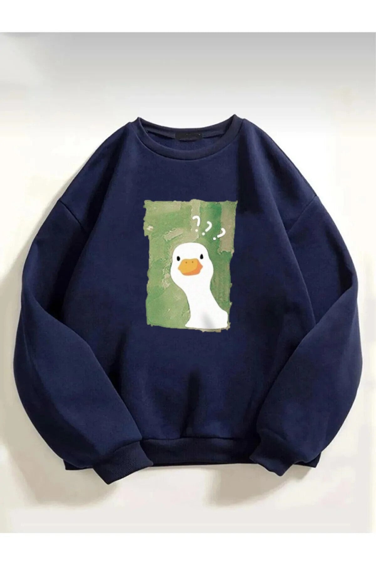 Unisex Ördek Baskılı Bisiklet Yaka Lacivert Sweatshirt