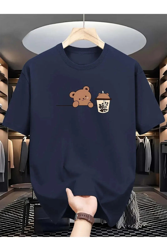 Unisex Bisiklet Yaka Ayıcık Baskılı Pamuk Oversize Yuvarlak Yakalı Lacivert T-shirt