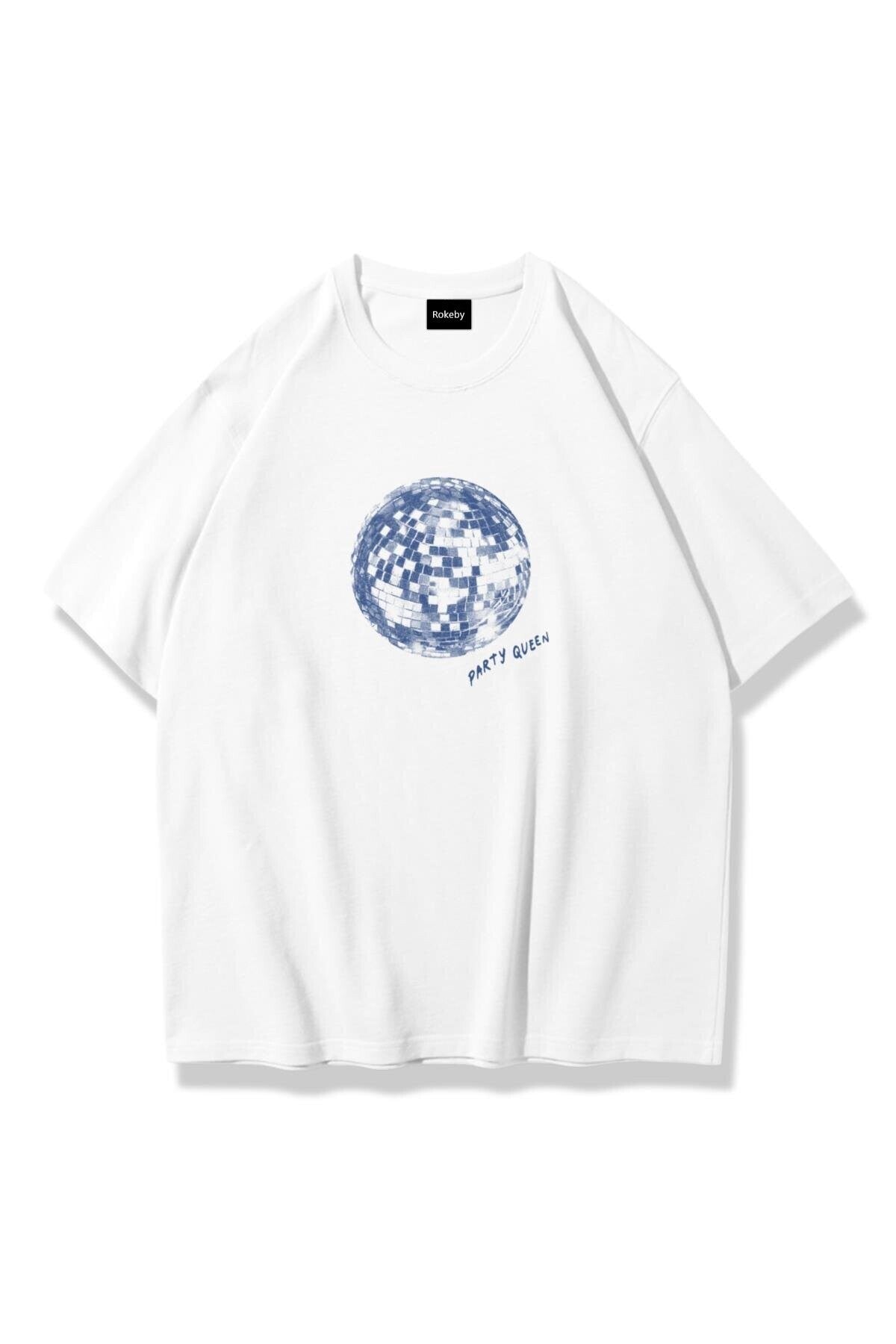 Kadın Bisiklet Yaka Baskılı Pamuk Oversize Yuvarlak Yakalı Beyaz T-shirt
