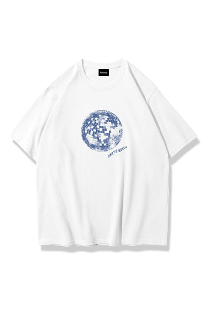 Kadın Bisiklet Yaka Baskılı Pamuk Oversize Yuvarlak Yakalı Beyaz T-shirt