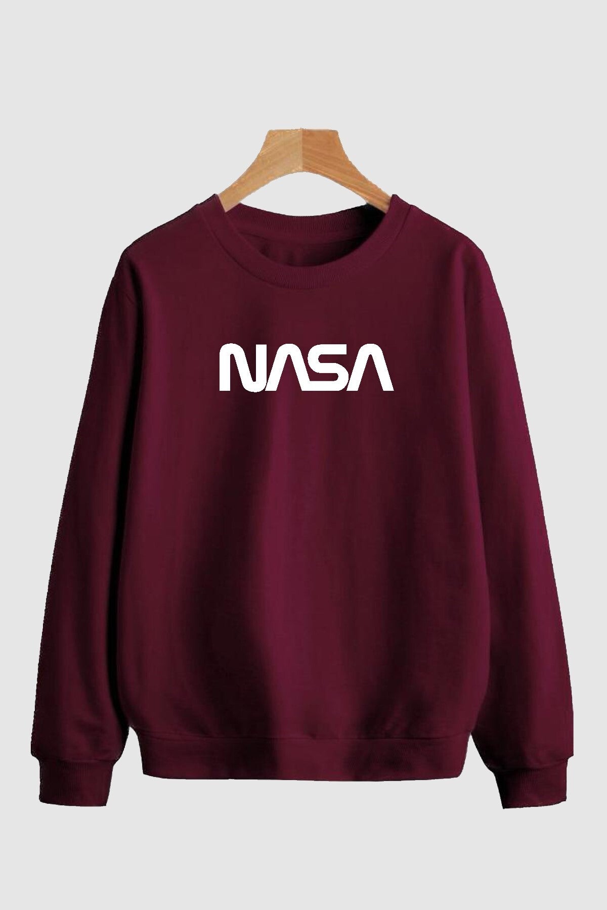 Unisex Pamuk Oversize Nasa Baskılı Bordo Sweatshirt