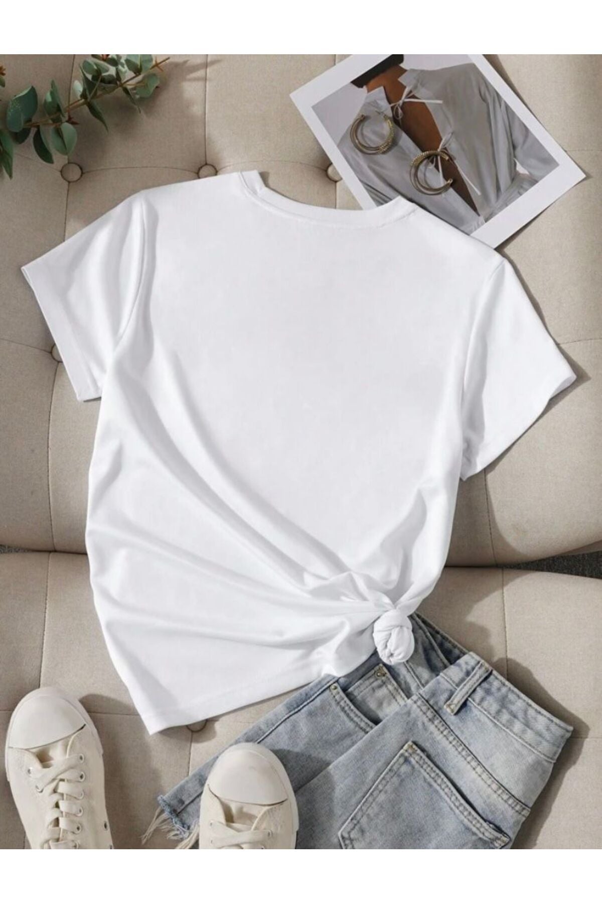 Kadın Bisiklet Yaka Baskılı Pamuk Oversize Yuvarlak Yakalı Beyaz T-shirt