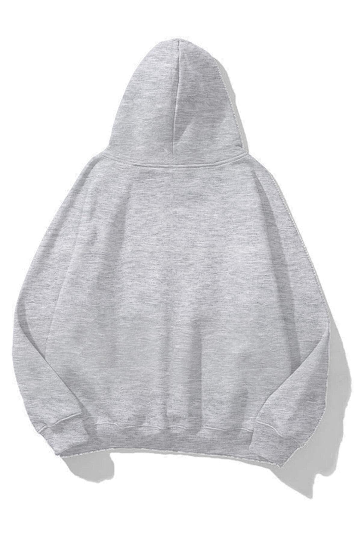 Unisex Yarım Yüz Leopar Baskılı Kanguru cepli Kapüşonlu Gri Sweatshirt