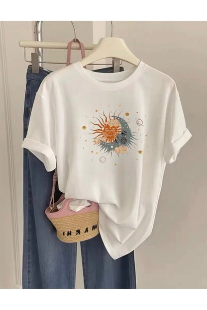 Kadın Ay Yıldız Baskılı Bisiklet Yaka Pamuk Oversize Yuvarlak Yakalı T-shirt