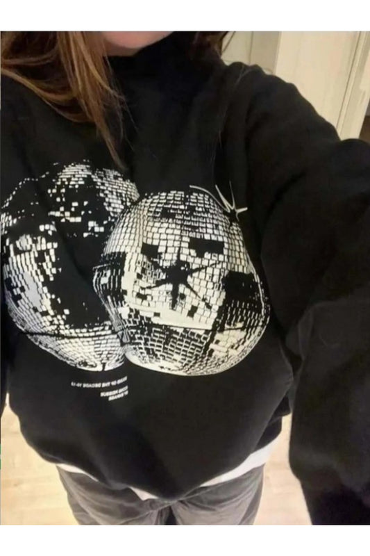 Unisex Disco World Siyah Kapüşonlu Kanguru cepli Sweatshirt
