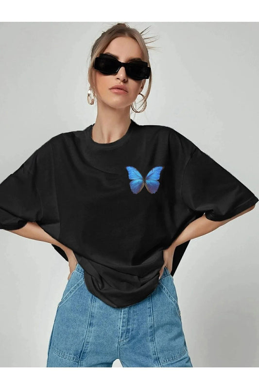 Blue Butterfly Baskılı Oversize Pamuk Penye Kumaş Siyah Tshirt