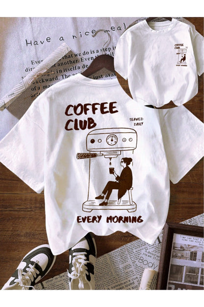Kadın Bisiklet Yaka Baskılı Pamuk Oversize Yuvarlak Yakalı Beyaz T-shirt