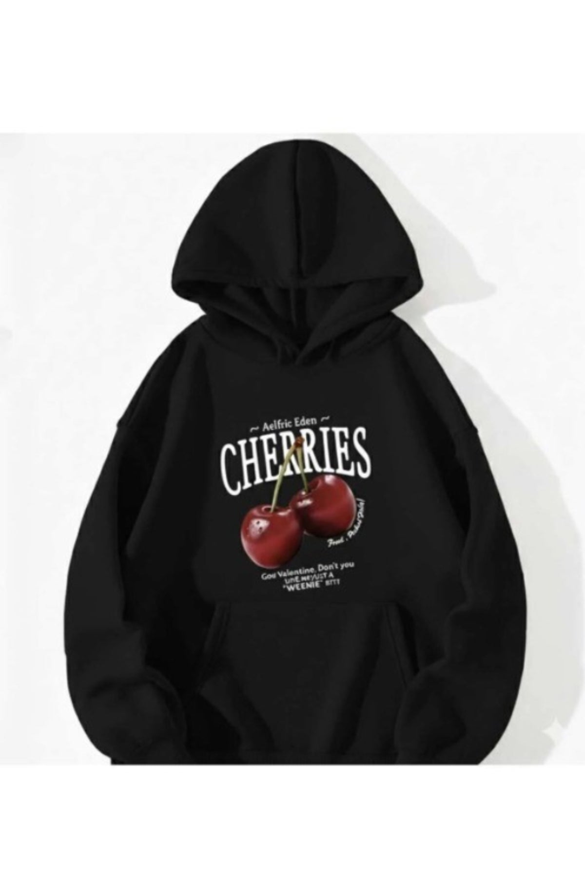Unisex Erkek/Kadın CHERRIES Baskılı Pamuklu Oversize Kapüşonlu Siyah Sweatshirt