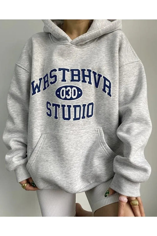 Wrstbhva Baskılı Unisex Gri Kanguru Cepli Kapüşonlu Sweatshirt Hoodie