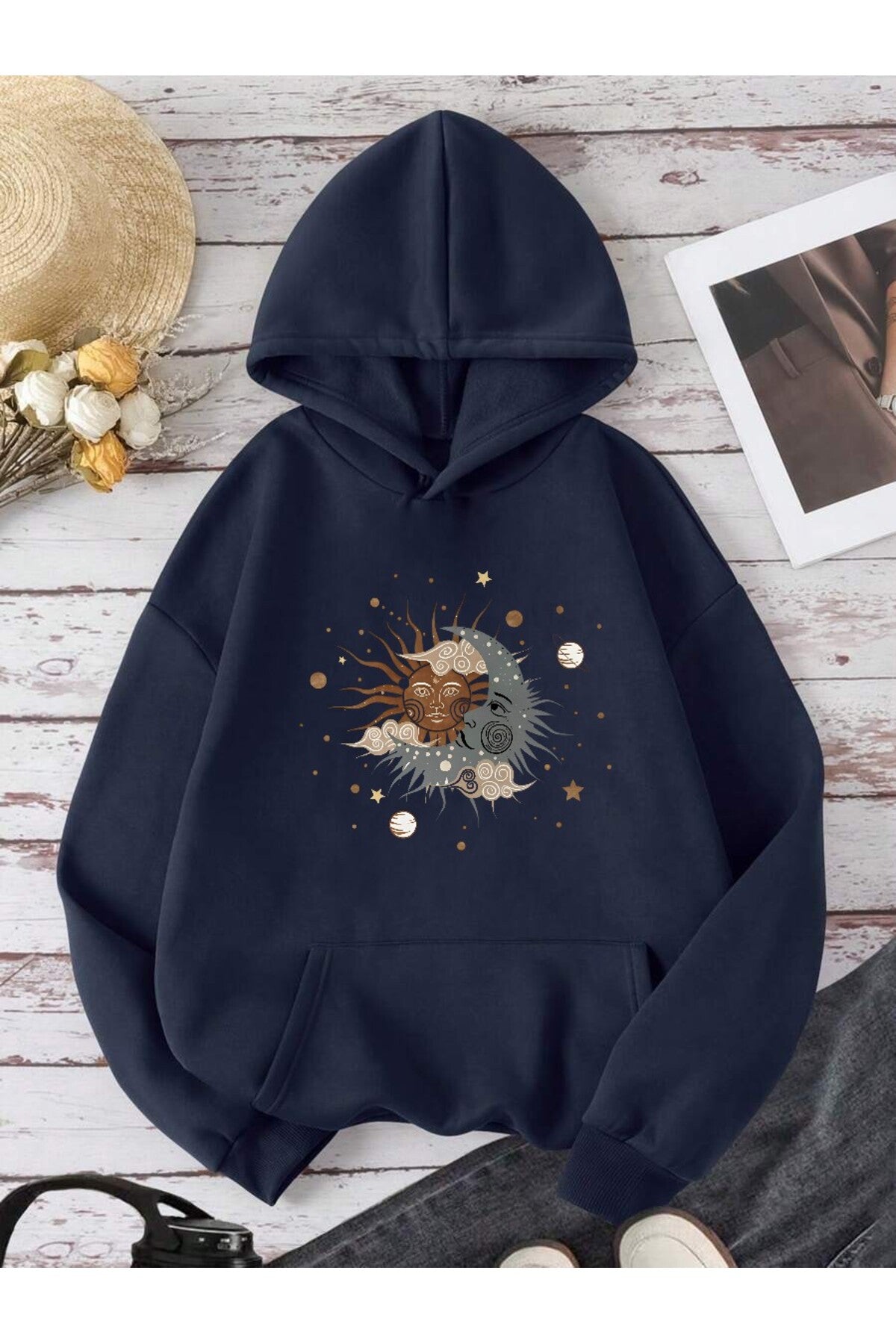 Unisex Ay Yıldız Baskılı Lacivert Kapüşonlu Kanguru Cepli Sweatshirt