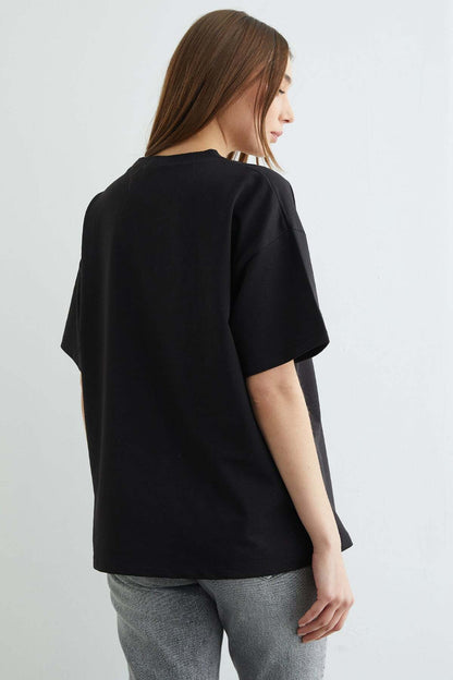 Kadın Çiçek Baskılı Bisiklet Yaka Pamuk Oversize Yuvarlak Yakalı T-shirt