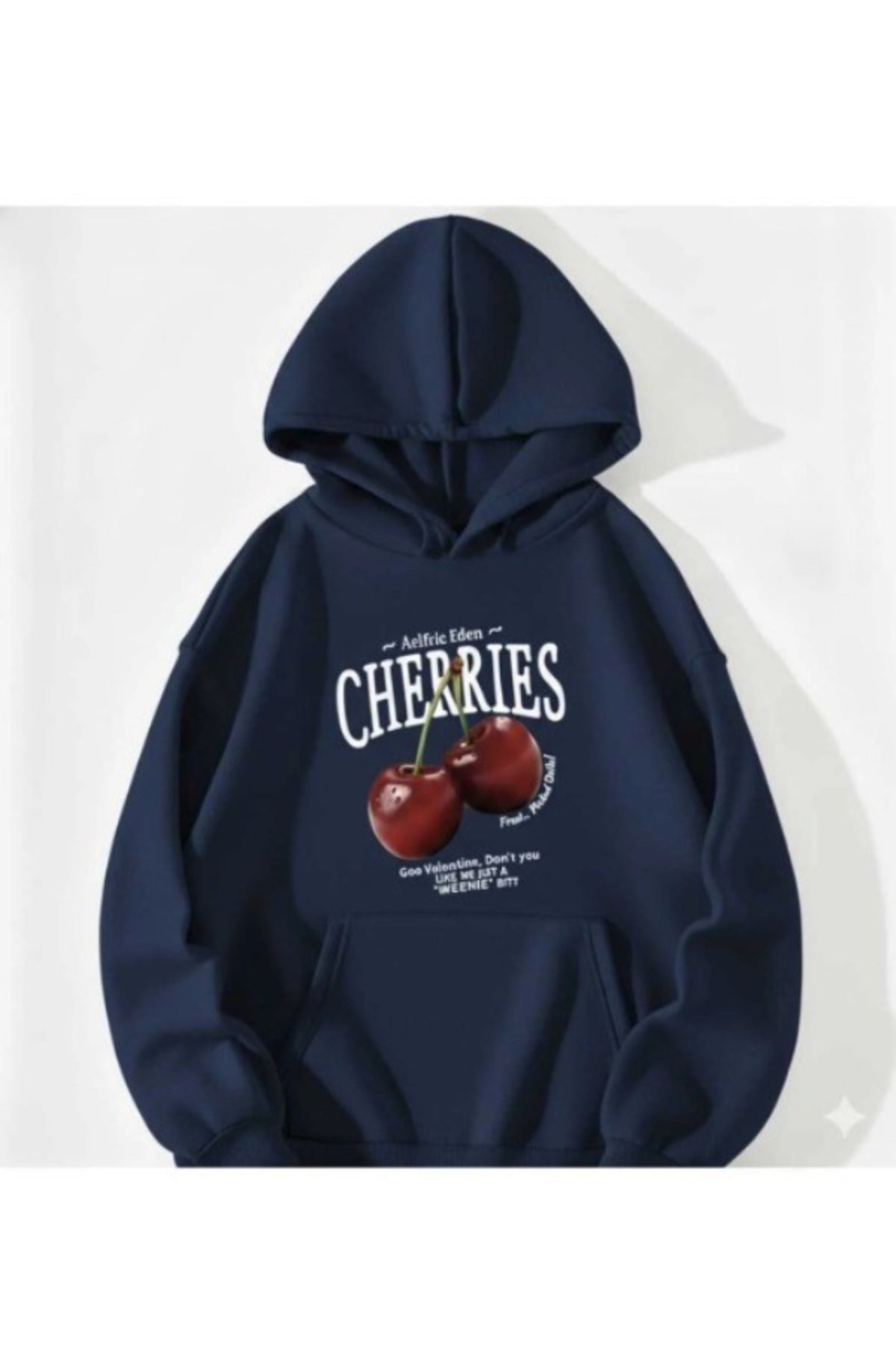 Unisex Erkek/Kadın CHERRIES Baskılı Pamuklu Oversize Kapüşonlu Lacivert Sweatshirt