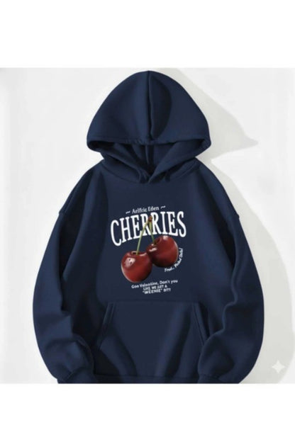 Unisex Erkek/Kadın CHERRIES Baskılı Pamuklu Oversize Kapüşonlu Lacivert Sweatshirt