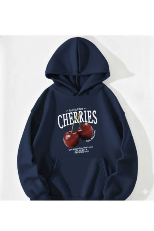 Unisex Erkek/Kadın CHERRIES Baskılı Pamuklu Oversize Kapüşonlu Lacivert Sweatshirt