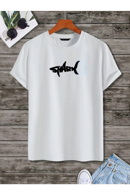 Unisex Beyaz Oversize Tişört – %100 Pamuk Penye – Shark Baskılı – Rahat Kalıp Yazlık Basic T-shirt