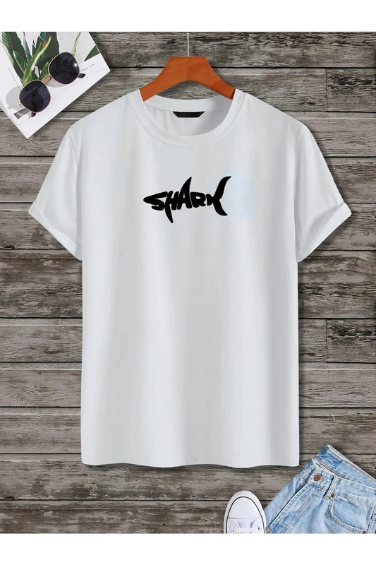 Unisex Beyaz Oversize Tişört – %100 Pamuk Penye – Shark Baskılı – Rahat Kalıp Yazlık Basic T-shirt