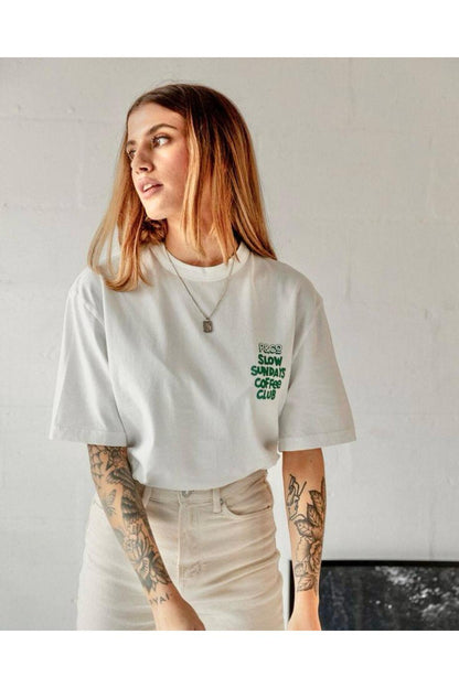 Pamuk Penye Kumaş Oversize Slow Sundays Baskılı Beyaz T-shirt
