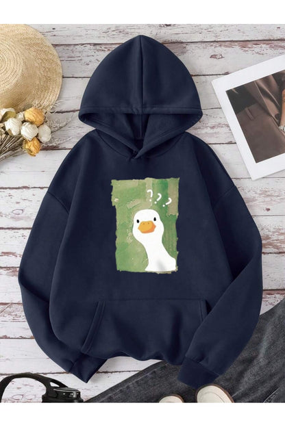 Unisex Ördek Baskılı Kapüşonlu Kanguru Cepli Lacivert Sweatshirt Hoodie
