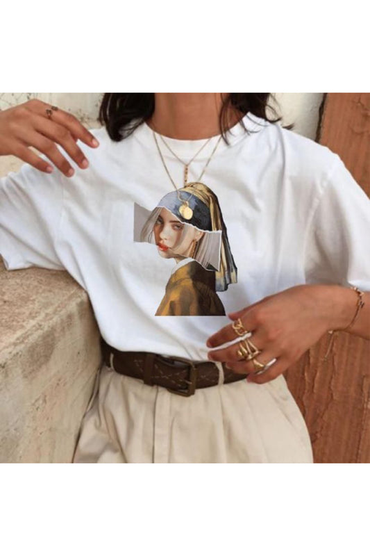 Premium Kalite Pamuk Penye Kumaş Oversize Girl With A Pearl Earring Baskılı Beyaz T-shirt