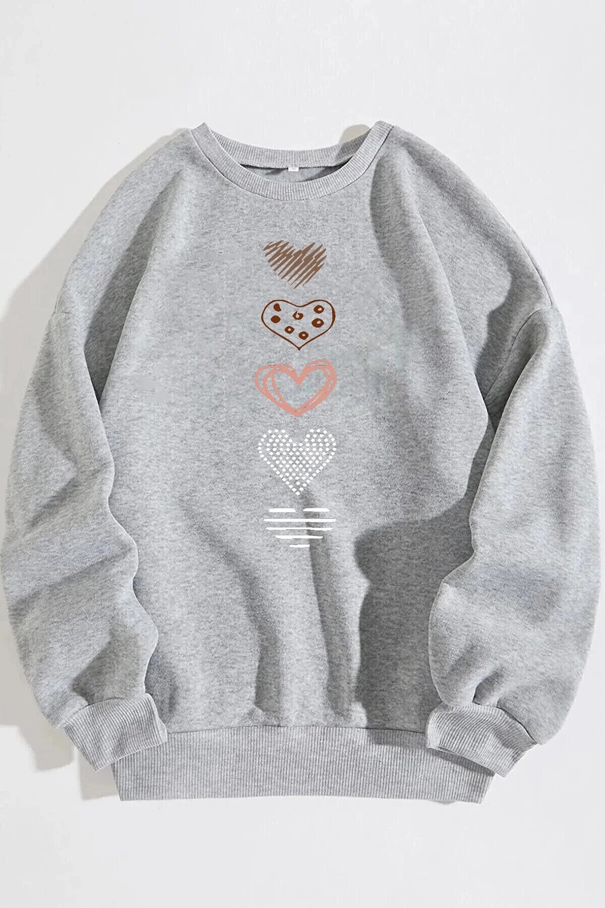 Unisex Kalp Baskılı Bisiklet Yaka Sweatshirt