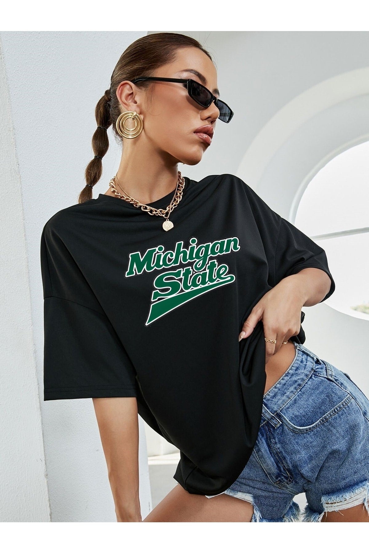Pamuk Penye Kumaş Oversize Micgihan State Baskılı Siyah T-shirt