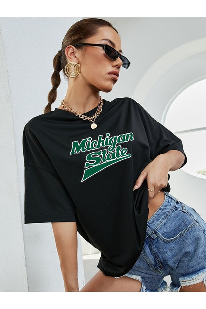 Pamuk Penye Kumaş Oversize Micgihan State Baskılı Siyah T-shirt