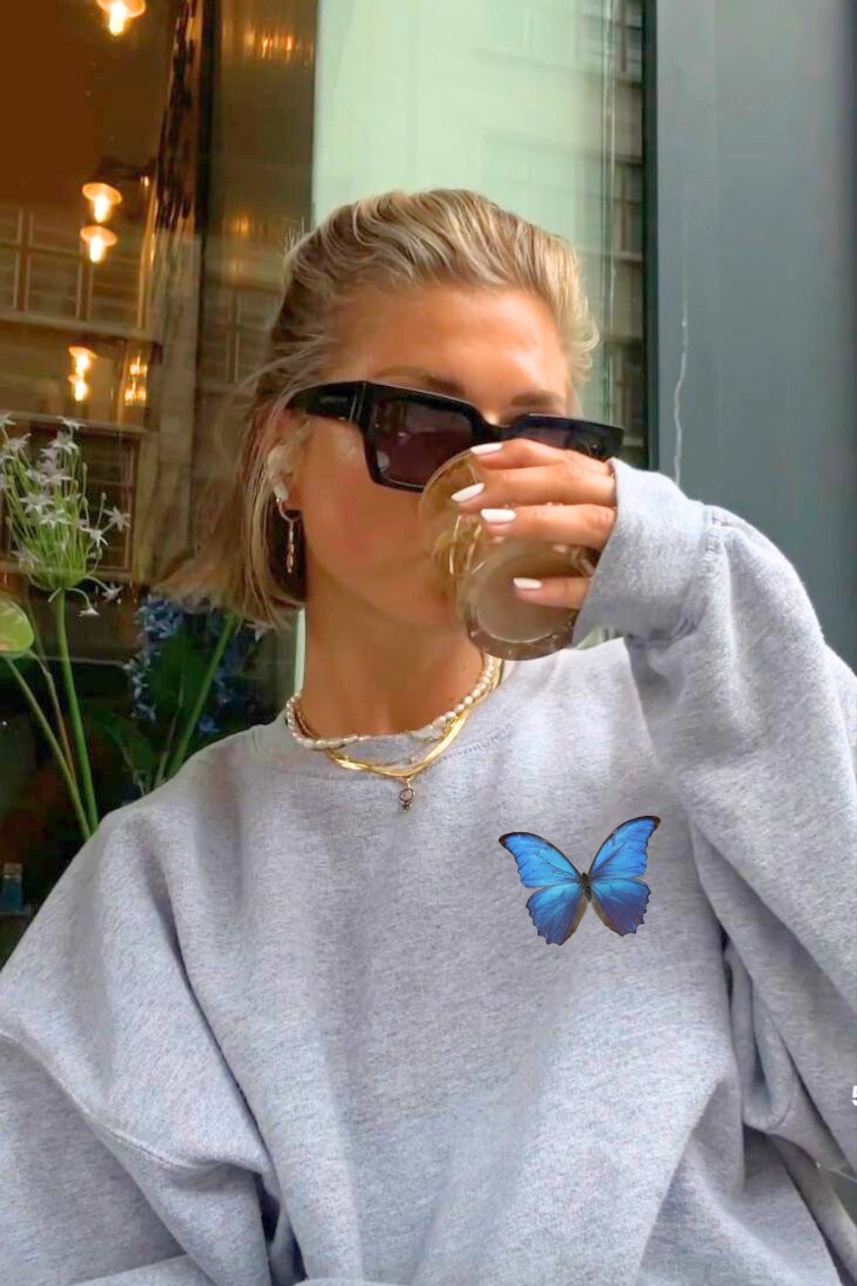 Unisex Pamuk Oversize Blue Butterfly Baskılı Gri Sweatshirt