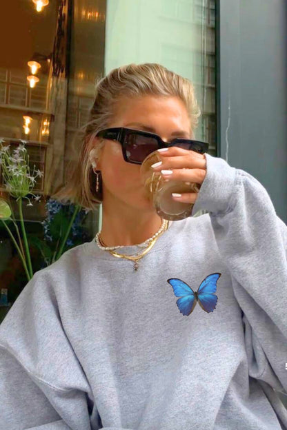 Unisex Pamuk Oversize Blue Butterfly Baskılı Gri Sweatshirt