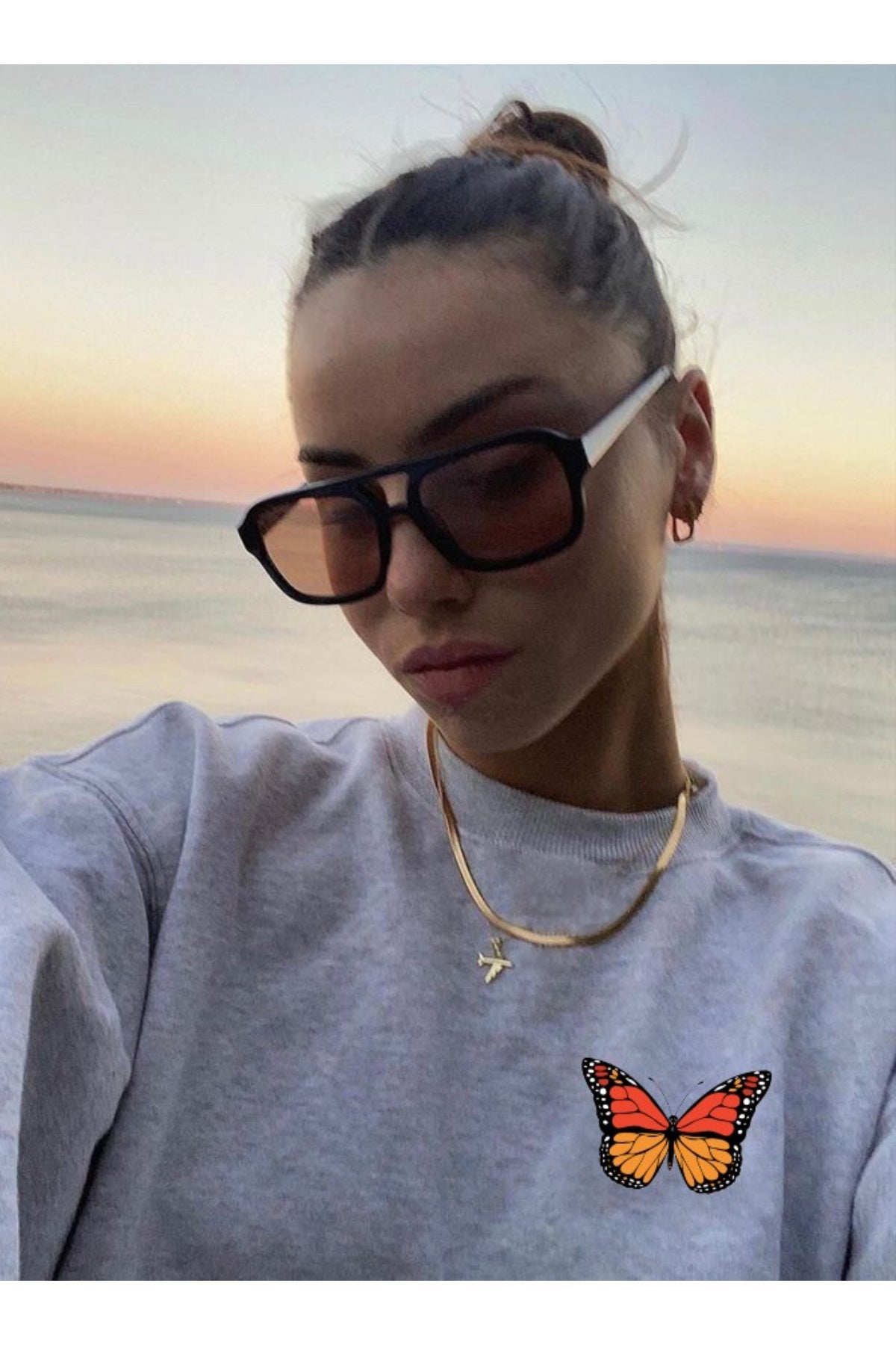 Unisex Pamuk Oversize Butterfly Baskılı Gri Sweatshirt