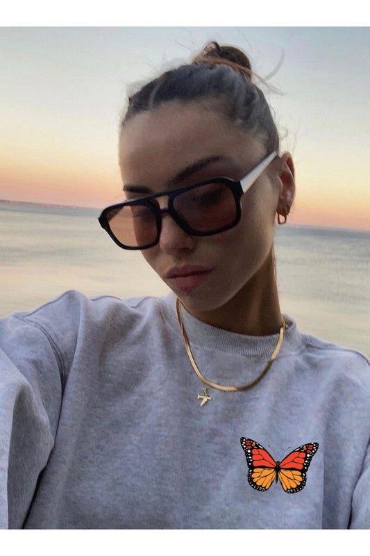 Unisex Pamuk Oversize Butterfly Baskılı Gri Sweatshirt
