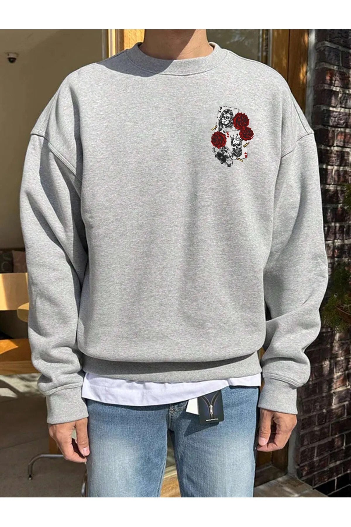 Pamuklu Unisex Oversize Maça-Kupa Baskılı Bisiklet Yaka Gri Sweatshirt