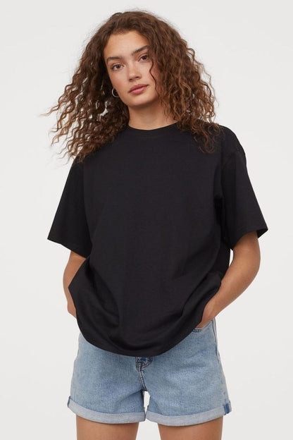 Pamuk Kumaş Oversize Beyaz ve Siyah T-shirt Bisiklet Yaka 2'li Paket