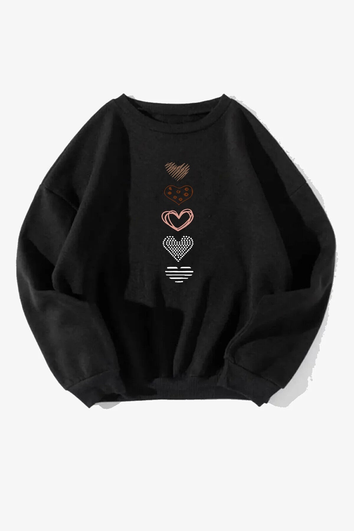 Unisex Kalp Baskılı Bisiklet Yaka Sweatshirt