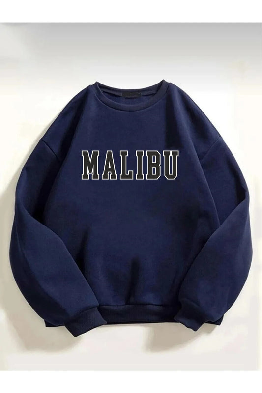 Pamuklu Oversize Malibu Baskılı Bisiklet Yaka Lacivert Sweatshirt