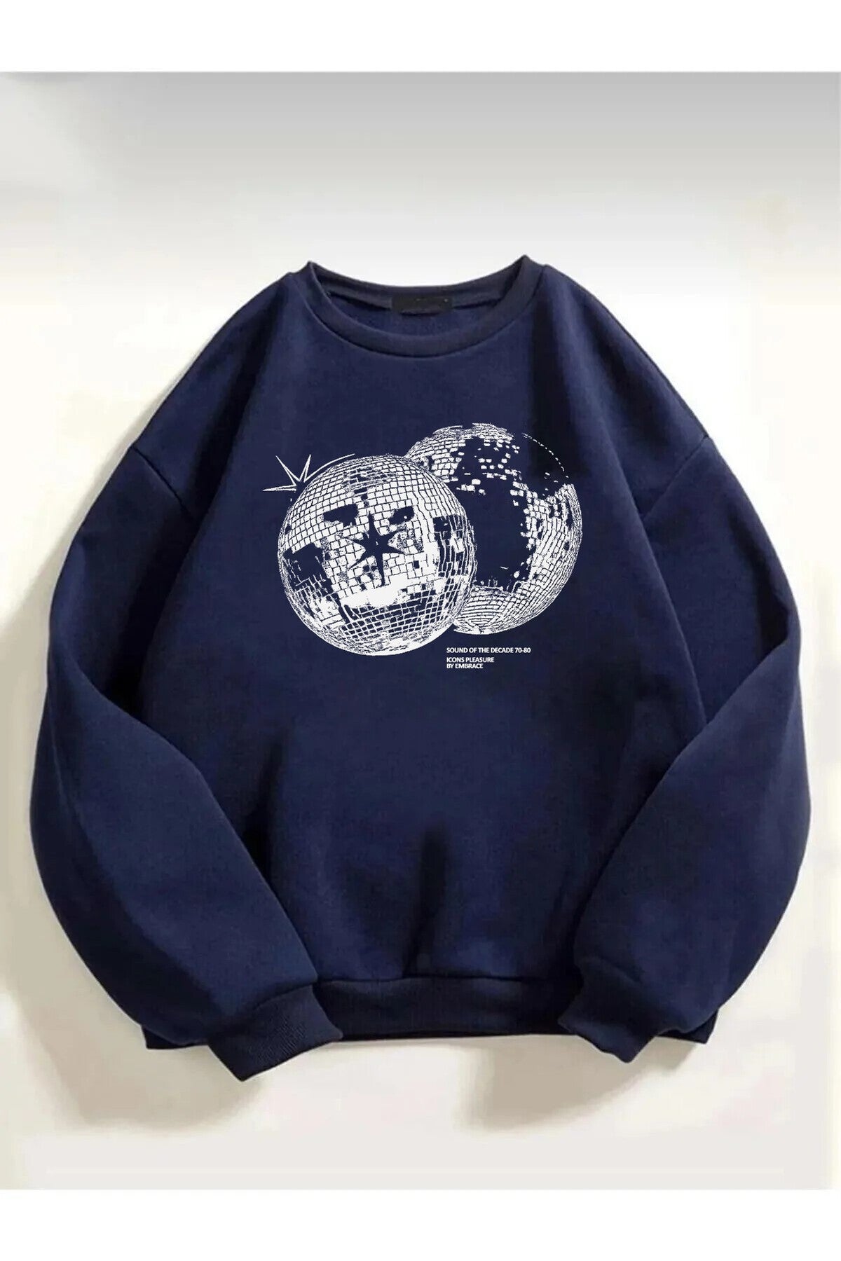 Unisex Disco World Baskılı Lacivert Bisiklet Yaka Sweatshirt
