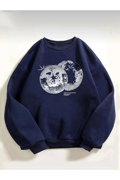 Unisex Disco World Baskılı Lacivert Bisiklet Yaka Sweatshirt