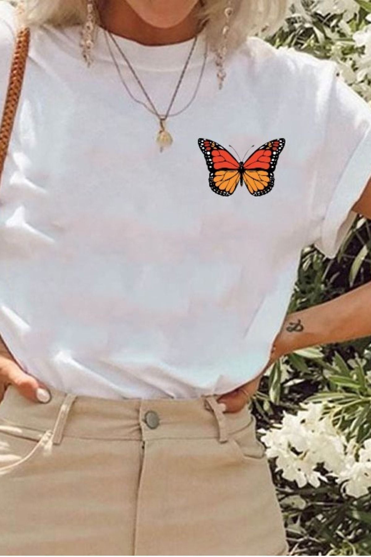 Butterfly Baskılı Oversize Pamuk Penye Kumaş Beyaz Tshirt