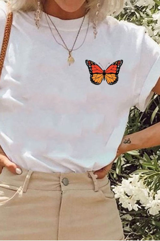 Butterfly Baskılı Oversize Pamuk Penye Kumaş Beyaz Tshirt