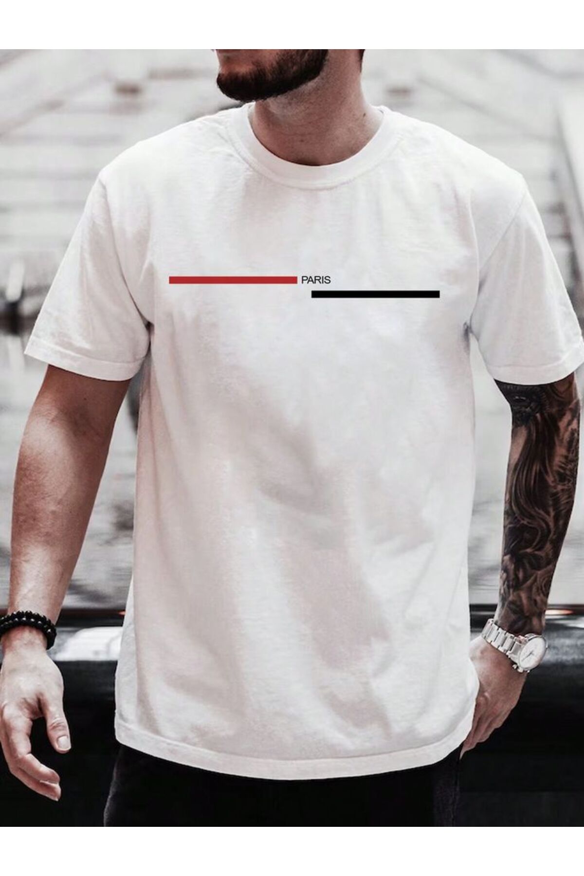 Pamuk Penye Kumaş Oversize Paris Baskılı Beyaz T-shirt
