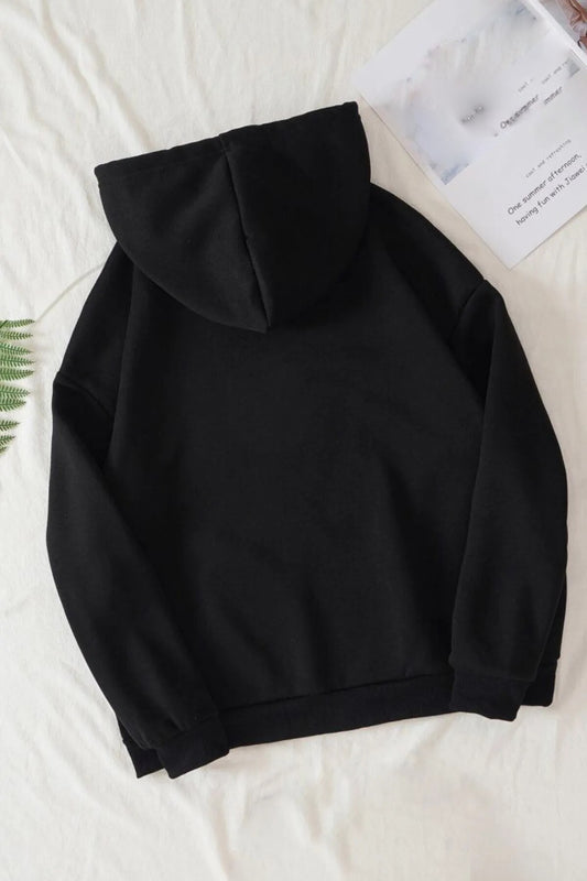 Unisex Ördek Baskılı Kapüşonlu Kanguru Cepli Siyah Sweatshirt Hoodie