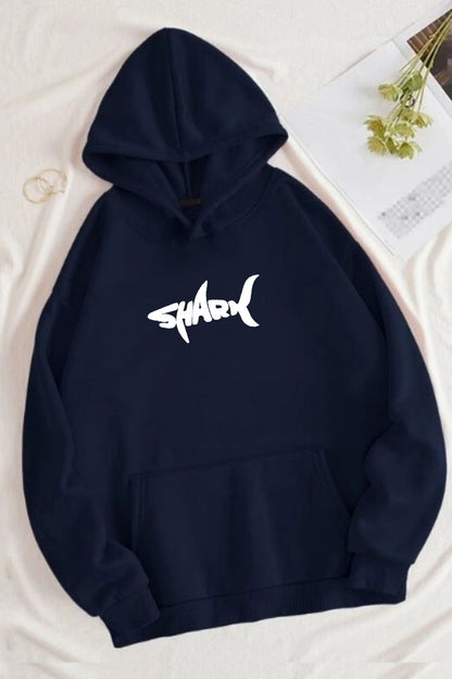 Shark Baskılı Unisex Lacivert Kanguru Cepli Kapüşonlu Sweatshirt Hoodie