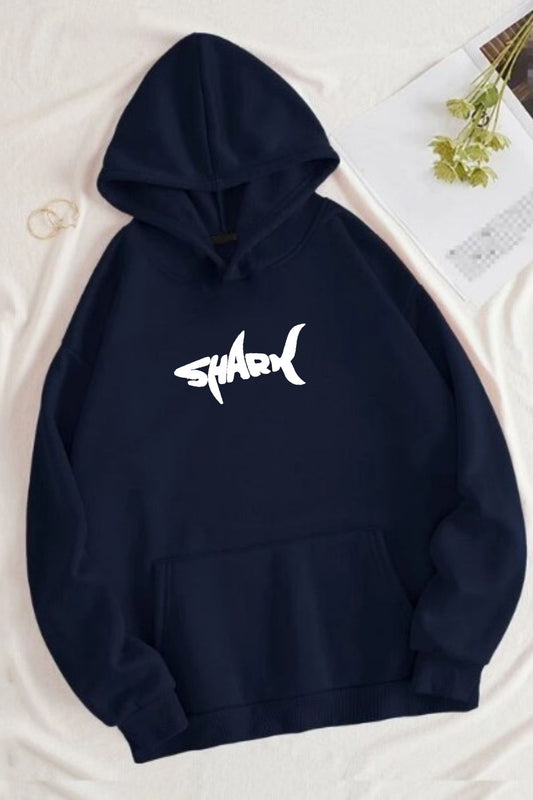 Shark Baskılı Unisex Lacivert Kanguru Cepli Kapüşonlu Sweatshirt Hoodie