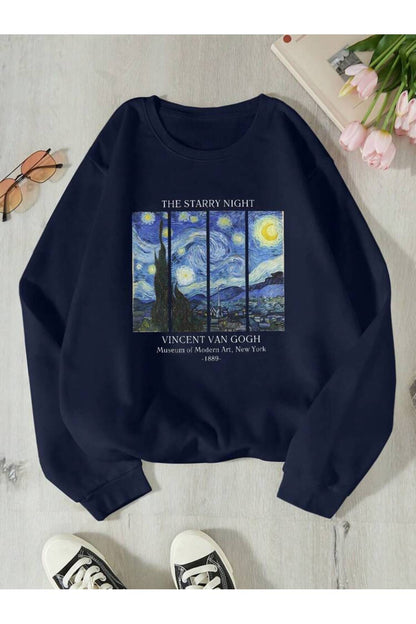 Unisex Van Gogh Baskılı Bisiklet Yaka Lacivert Sweatshirt