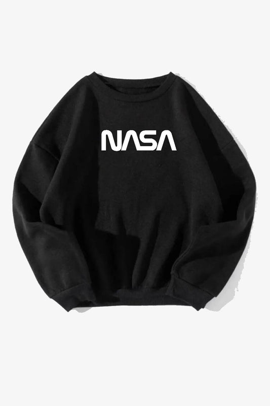 Unisex Pamuk Oversize Nasa Baskılı Siyah Sweatshirt